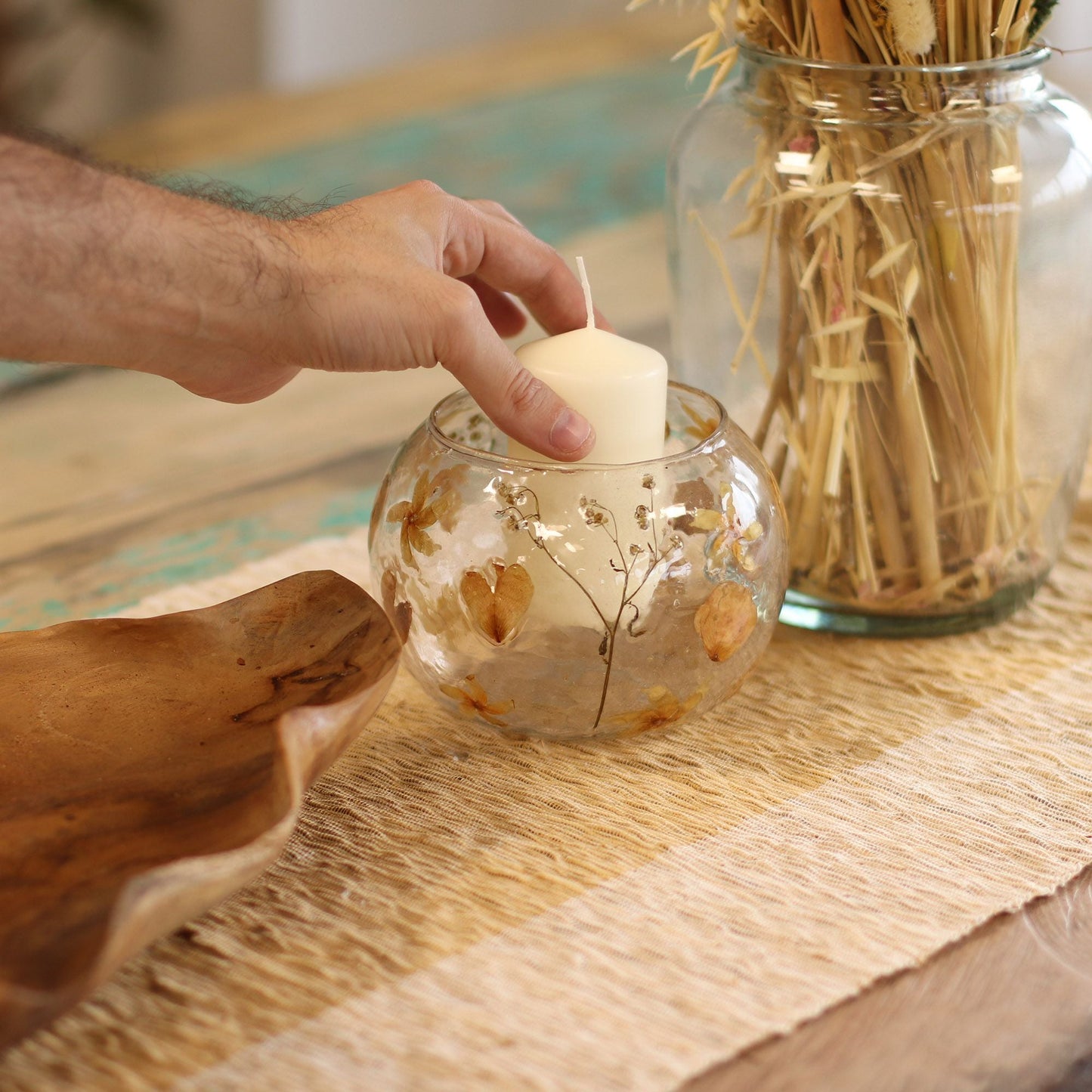 Natural Floral Glass - Large Bowl Candle Holder - Rosa - (12x13cm) Natural Floral Glass Candle Holders - Bath Indulgence