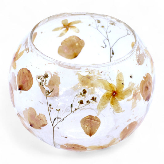 Natural Floral Glass - Large Bowl Candle Holder - Rosa - (12x13cm) Natural Floral Glass Candle Holders - Bath Indulgence