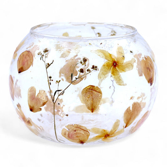 Natural Floral Glass - Large Bowl Candle Holder - Rosa - (12x13cm) Natural Floral Glass Candle Holders - Bath Indulgence