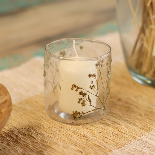 Natural Floral Glass - Straight Candle Holder - Margarita - (8x8cm) Natural Floral Glass Candle Holders - Bath Indulgence