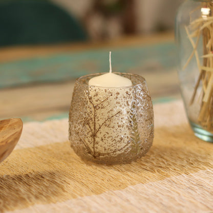Natural Floral Glass - Straight Candle Holder - Pino - (10x9cm) Natural Floral Glass Candle Holders - Bath Indulgence