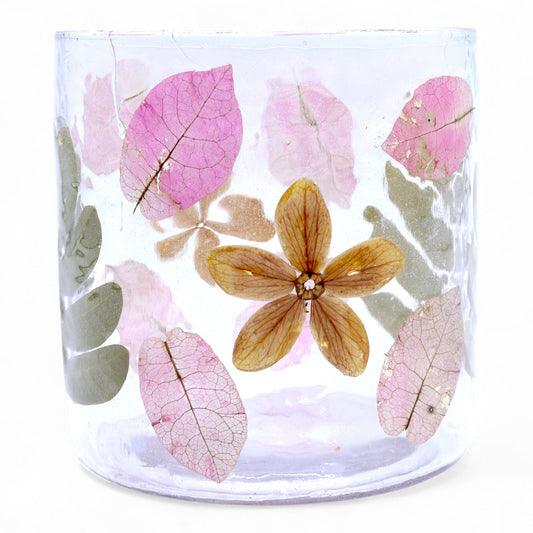 Natural Floral Glass - Straight Candle Holder - Primavera - (8x8cm) Natural Floral Glass Candle Holders - Bath Indulgence