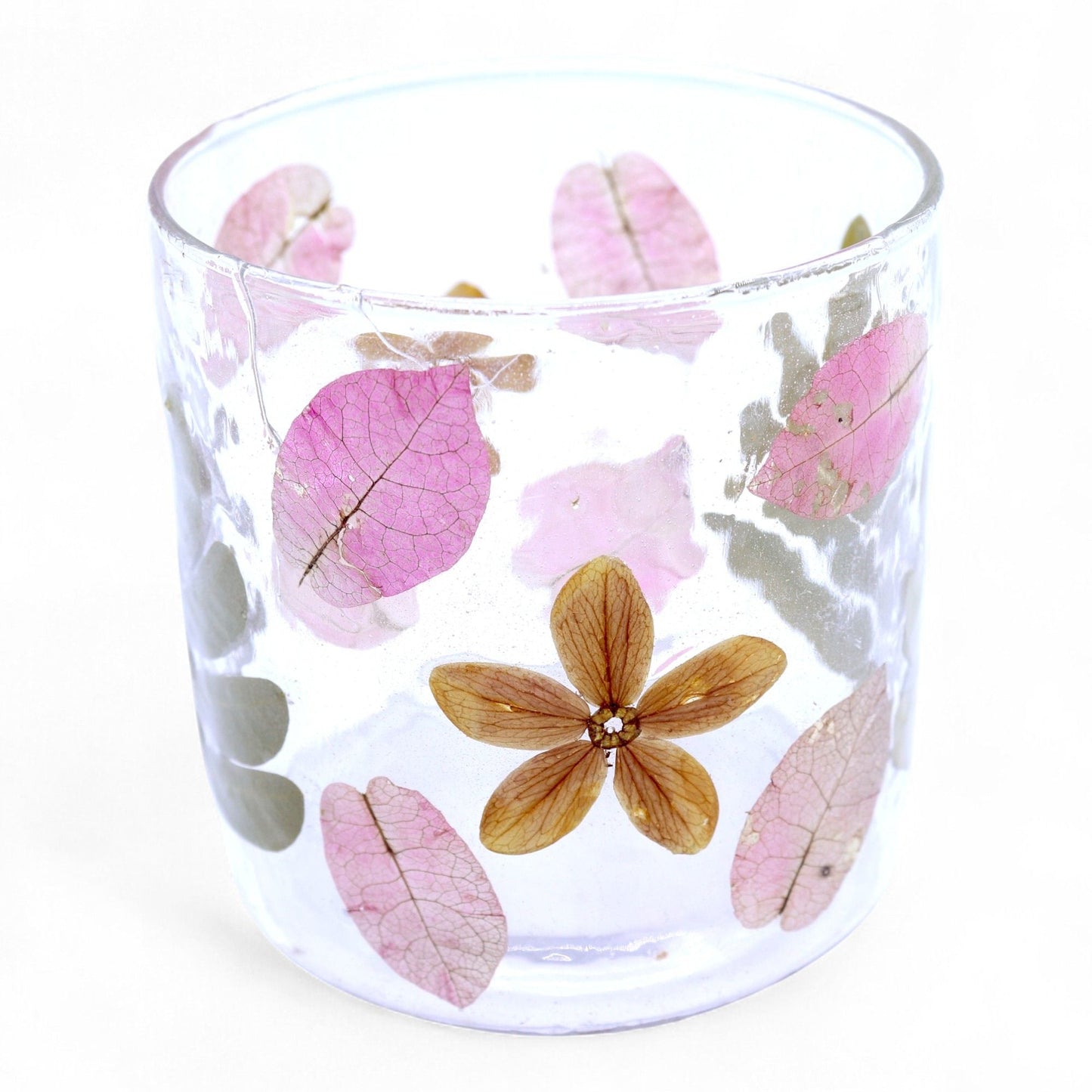 Natural Floral Glass - Straight Candle Holder - Primavera - (8x8cm) Natural Floral Glass Candle Holders - Bath Indulgence