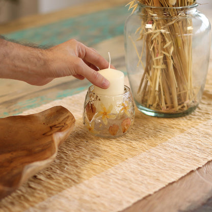 Natural Floral Glass - Straight Candle Holder - Rosa - (8x8cm) Natural Floral Glass Candle Holders - Bath Indulgence
