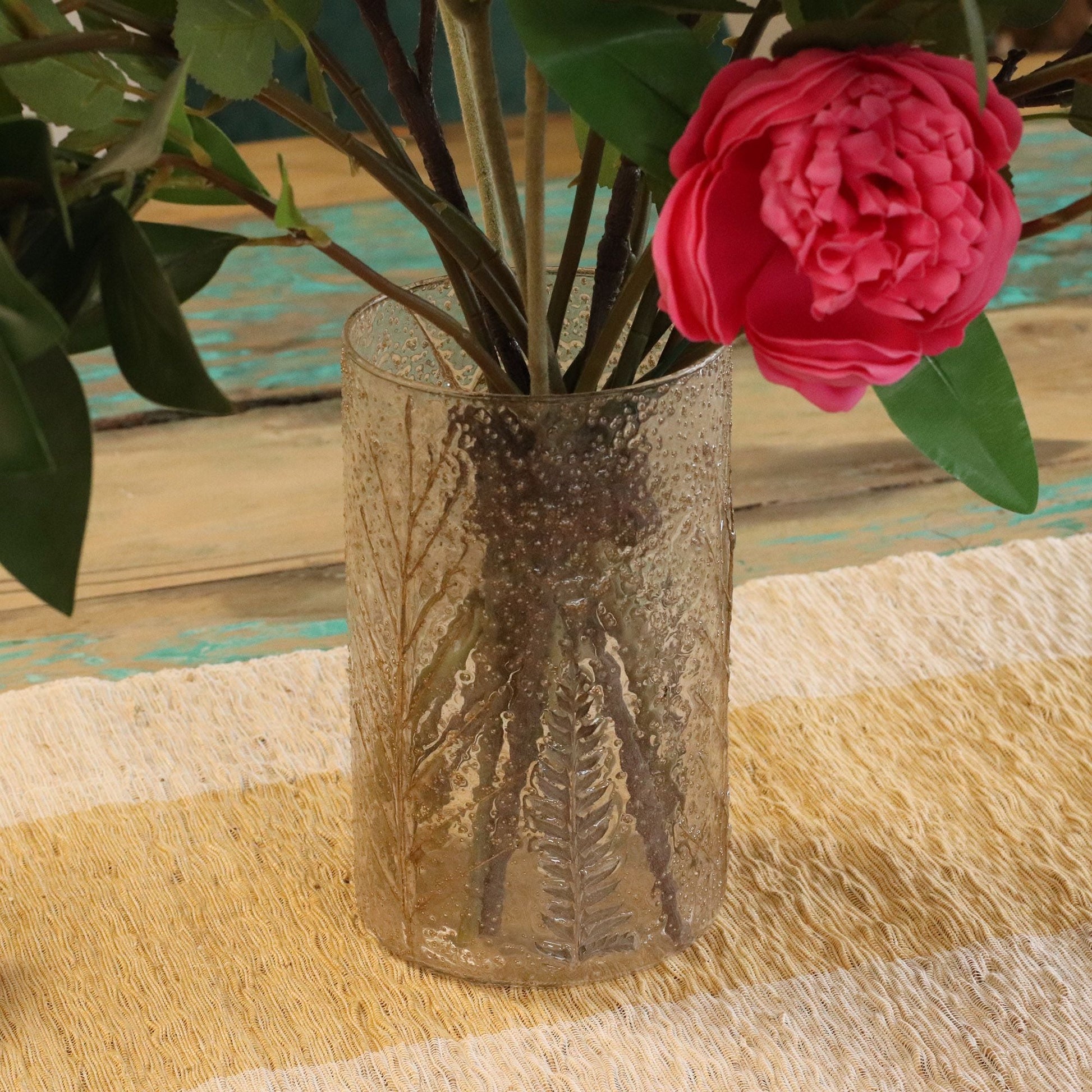Natural Floral Glass - Tall Vase Candle Holder - Pino - (19x11cm) Natural Floral Glass Candle Holders - Bath Indulgence