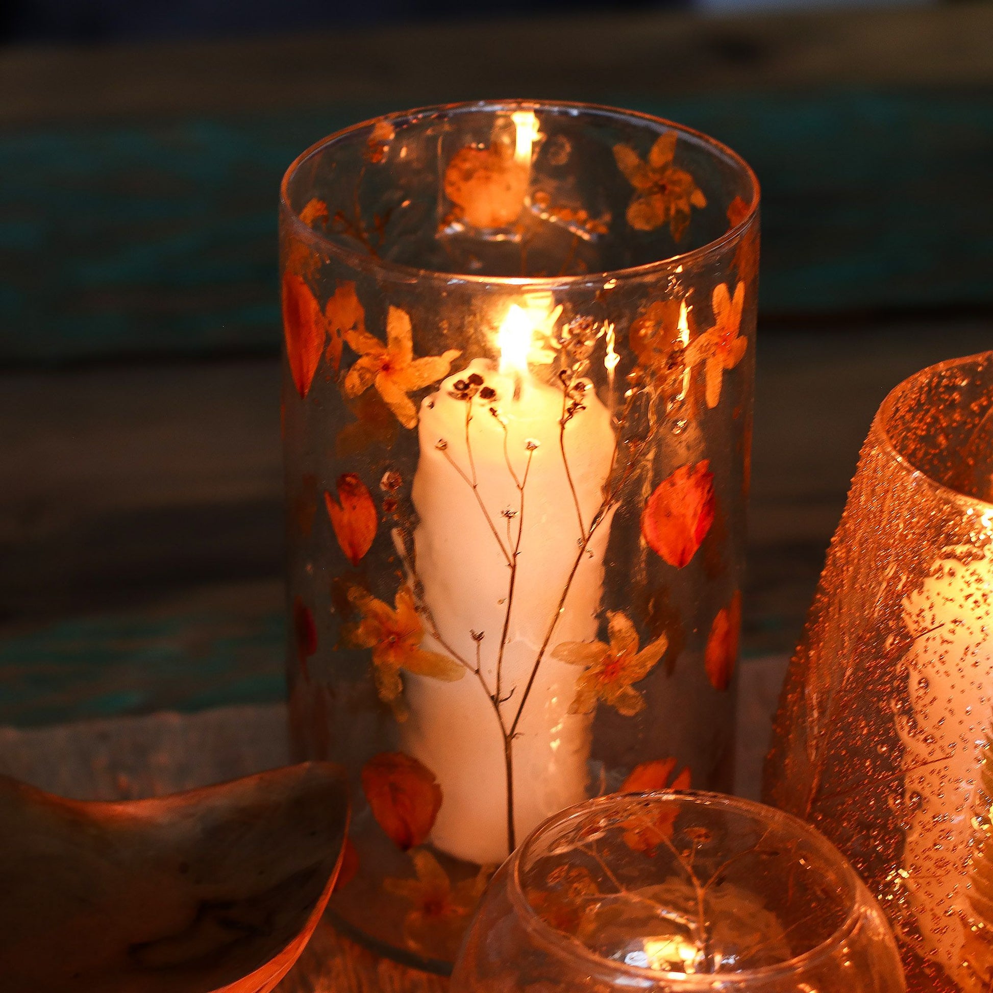 Natural Floral Glass - Tall Vase Candle Holder - Rose - (19x11cm) Natural Floral Glass Candle Holders - Bath Indulgence