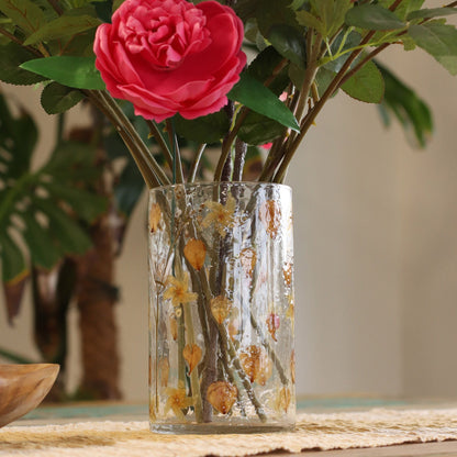 Natural Floral Glass - Tall Vase Candle Holder - Rose - (19x11cm) Natural Floral Glass Candle Holders - Bath Indulgence