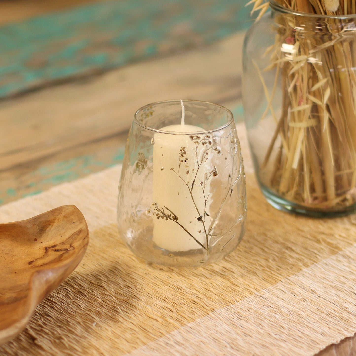 Natural Floral Glass - Vase Candle Holder - Margarita - (12x11cm) Natural Floral Glass Candle Holders - Bath Indulgence