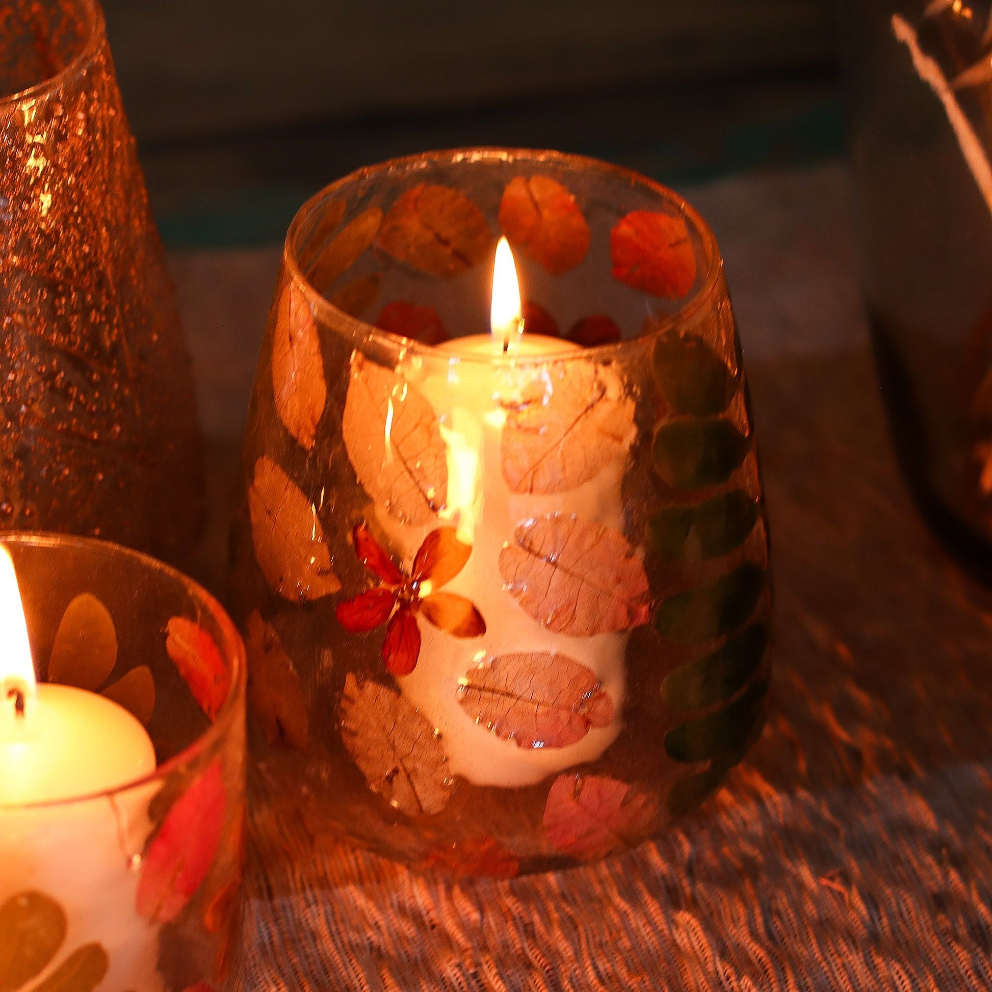 Natural Floral Glass - Vase Candle Holder - Primavera - (12x11cm) Natural Floral Glass Candle Holders - Bath Indulgence