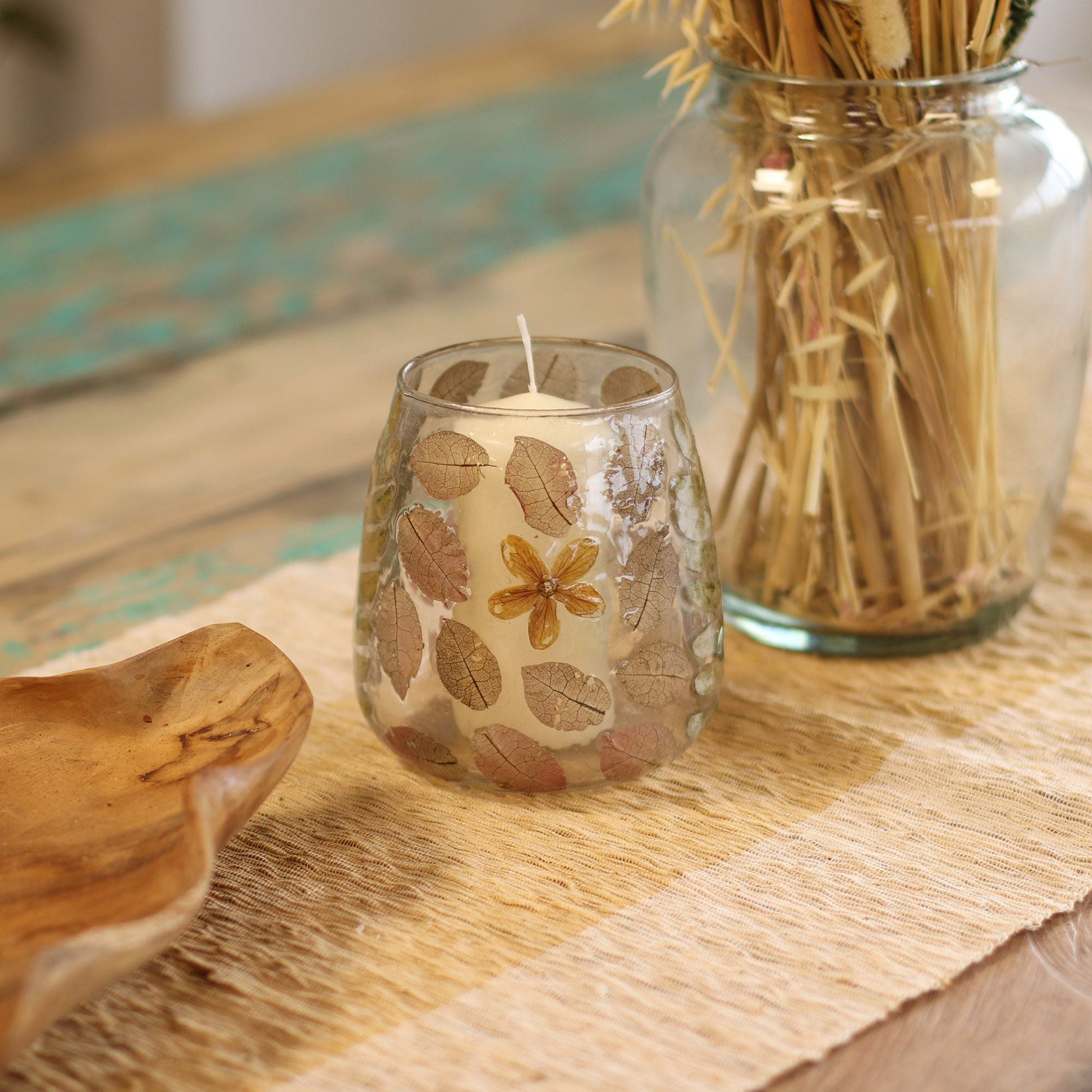 Natural Floral Glass - Vase Candle Holder - Primavera - (12x11cm) Natural Floral Glass Candle Holders - Bath Indulgence