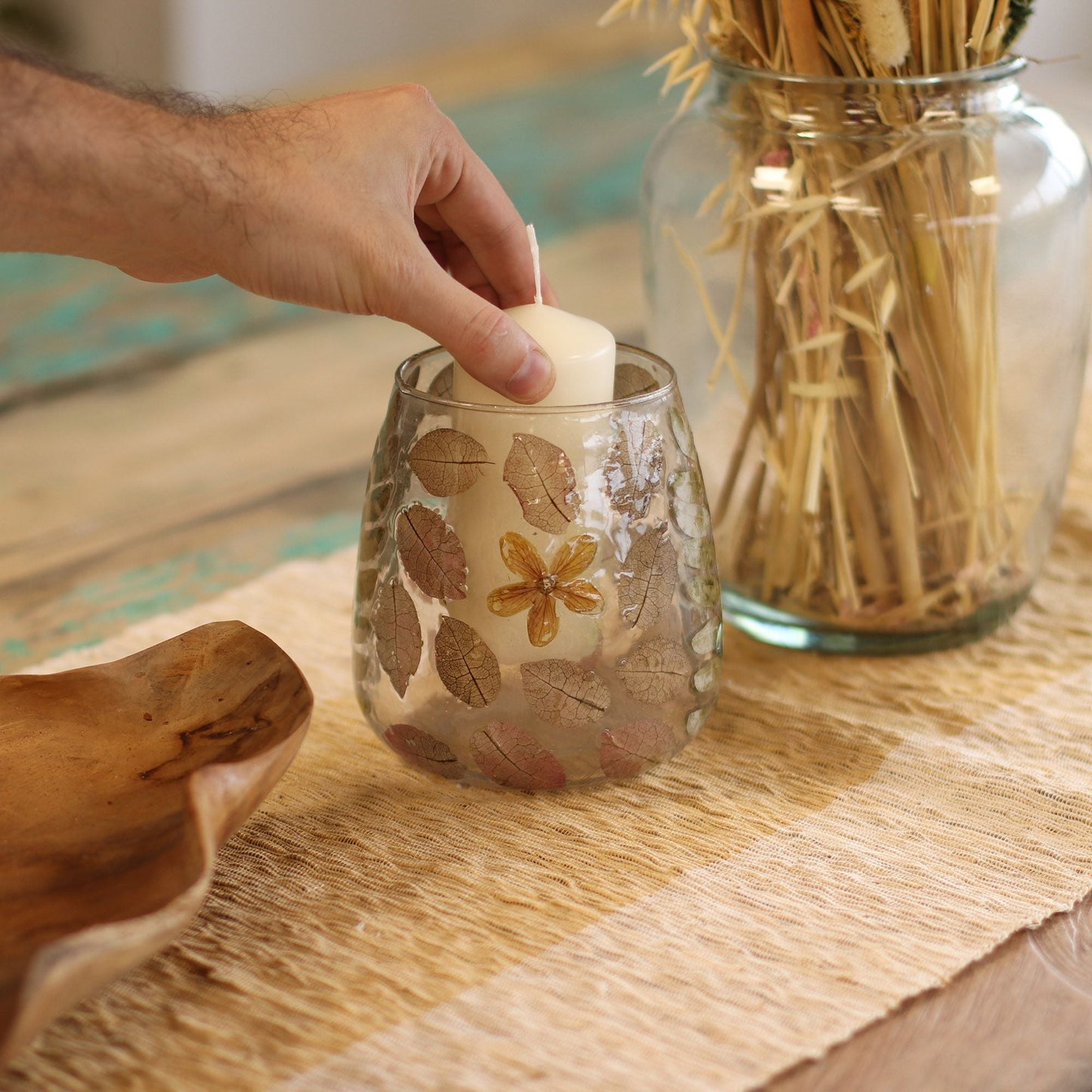 Natural Floral Glass - Vase Candle Holder - Primavera - (12x11cm) Natural Floral Glass Candle Holders - Bath Indulgence
