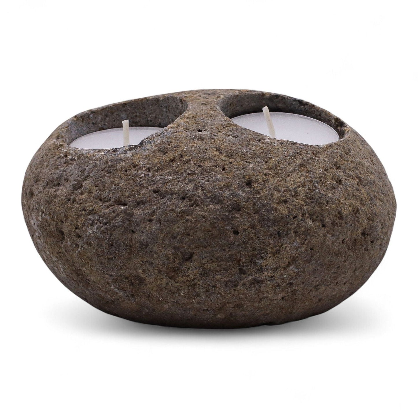 Natural Riverstone Candle Holder - Double Nightlight Riverside Stone Candle Holders - Bath Indulgence