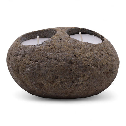 Natural Riverstone Candle Holder - Double Nightlight Riverside Stone Candle Holders - Bath Indulgence