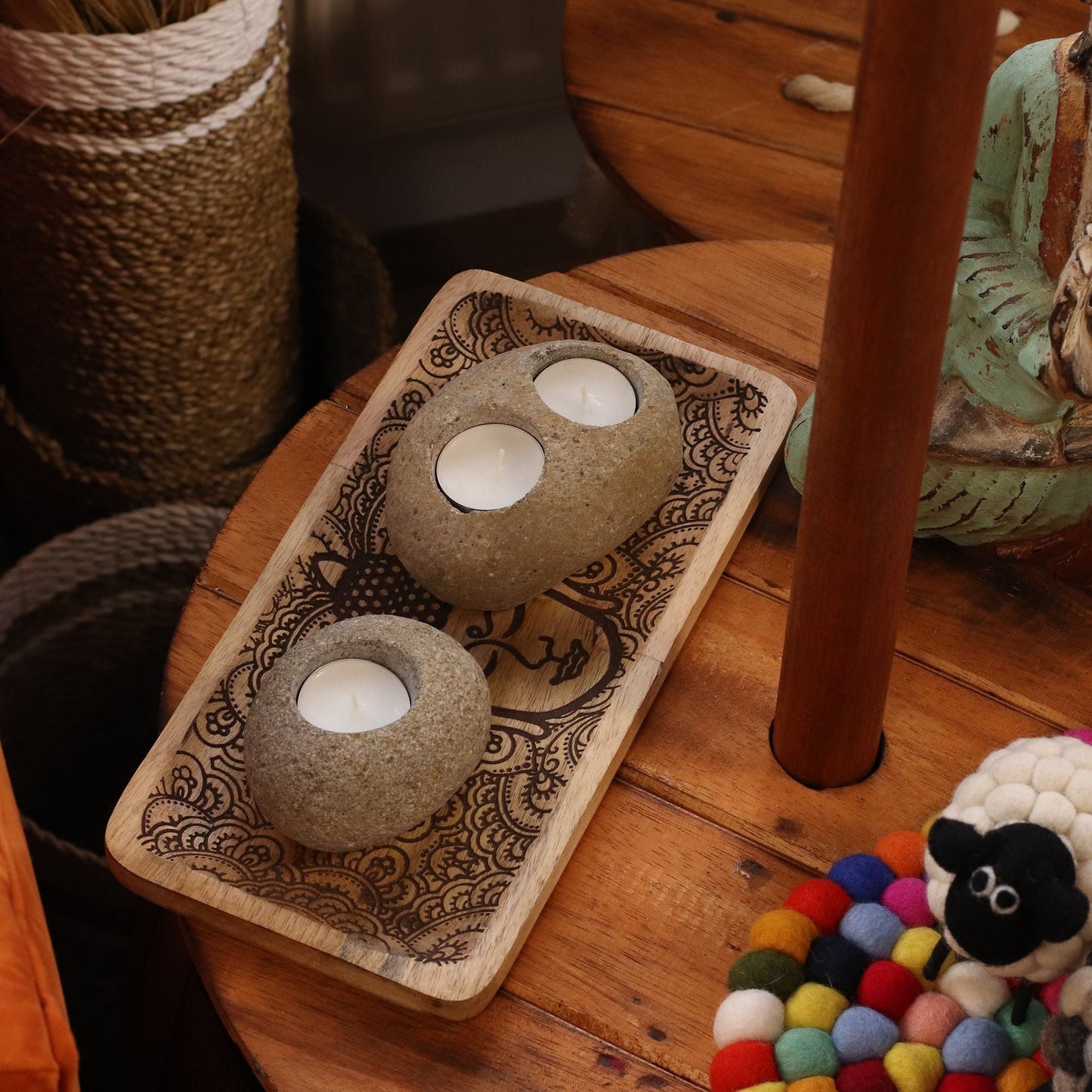 Natural Riverstone Candle Holder - Double Nightlight Riverside Stone Candle Holders - Bath Indulgence