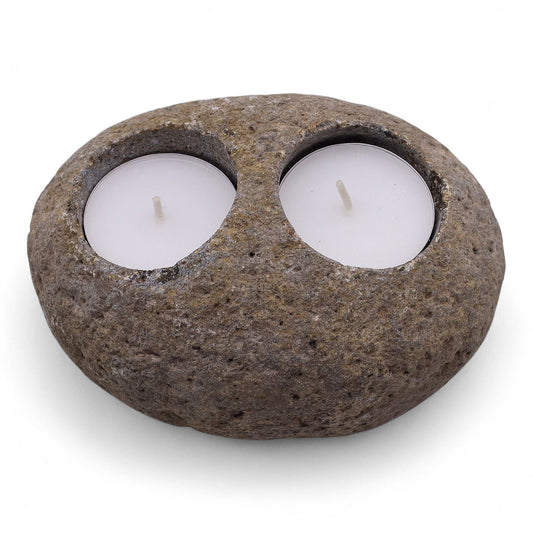 Natural Riverstone Candle Holder - Double Nightlight Riverside Stone Candle Holders - Bath Indulgence