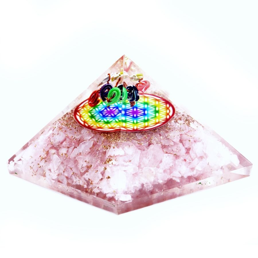 Orgonite Pyramid - Rose Quartz Rainbow Flower of Life - 70 mm Orgonite Ojbects and Pyramids - Bath Indulgence
