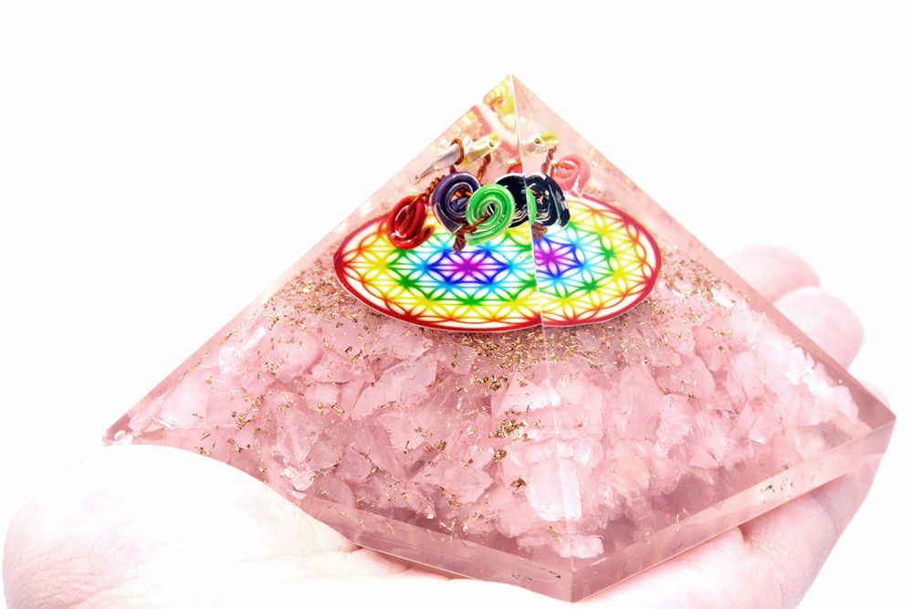 Orgonite Pyramid - Rose Quartz Rainbow Flower of Life - 70 mm Orgonite Ojbects and Pyramids - Bath Indulgence