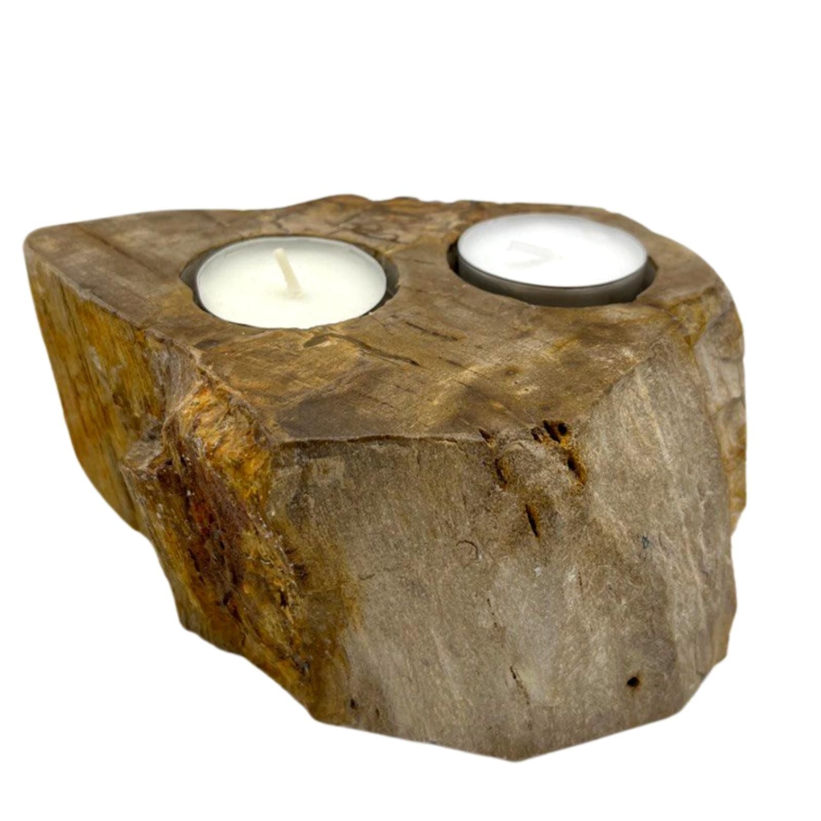 Petrified Wood Candle Holder - Double Petrified Wood Candle Holder - Bath Indulgence