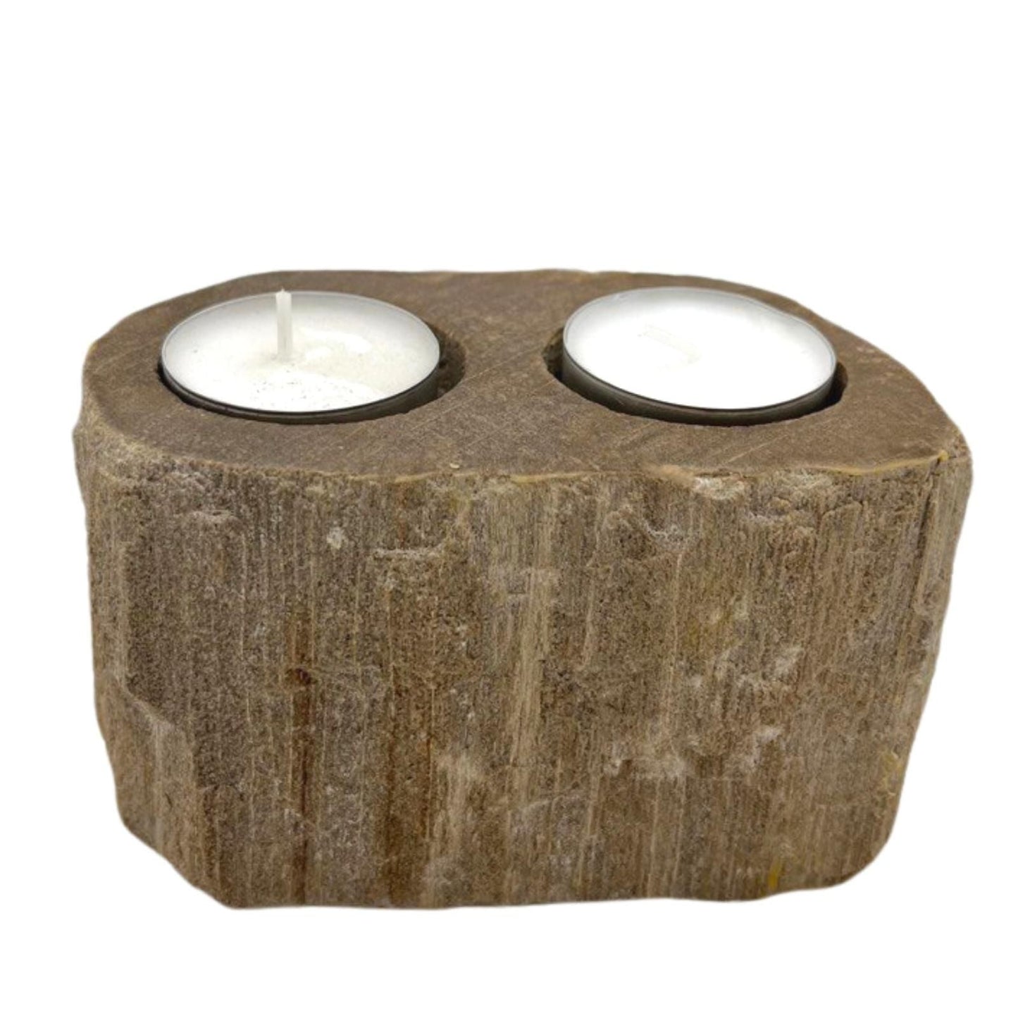 Petrified Wood Candle Holder - Double Petrified Wood Candle Holder - Bath Indulgence