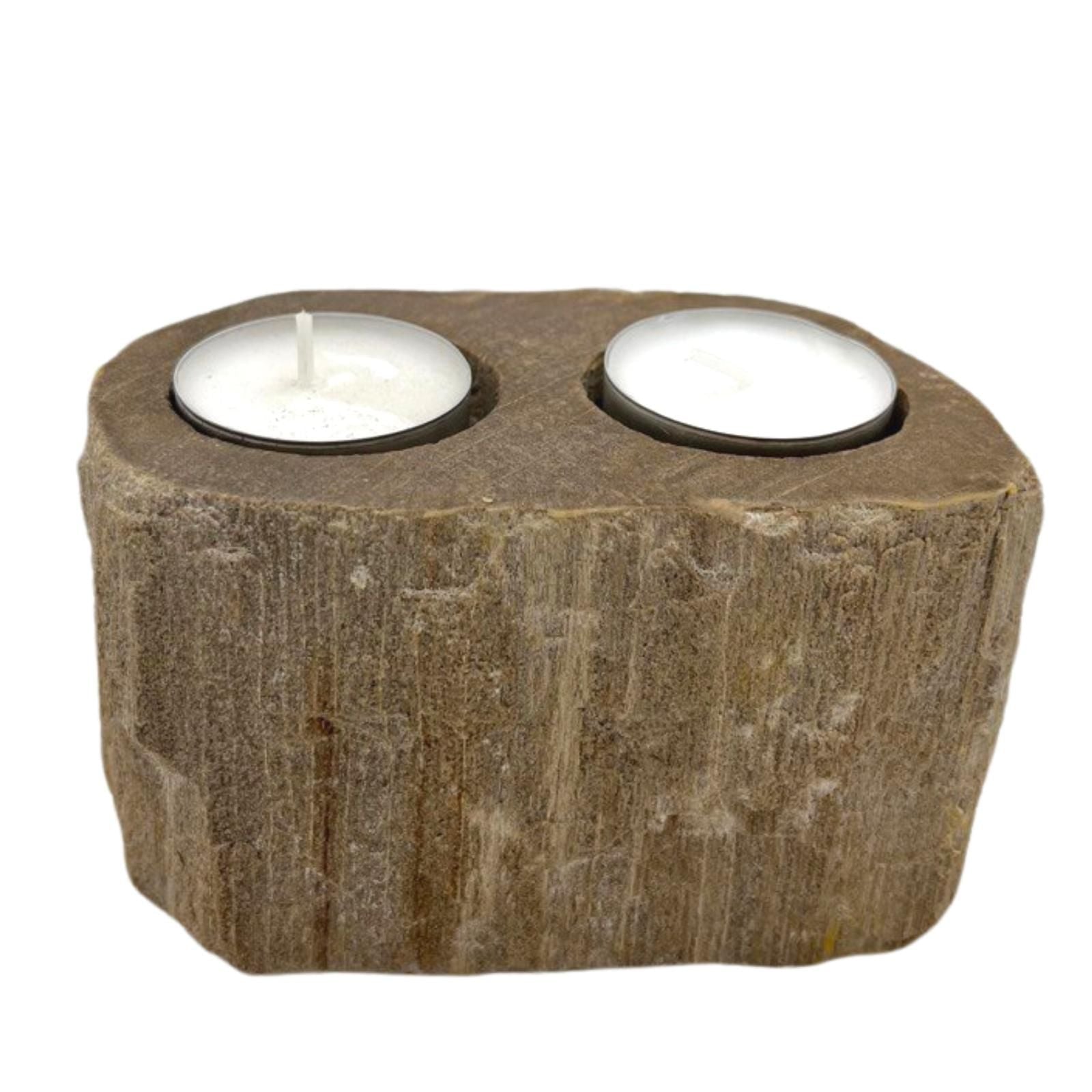 Petrified Wood Candle Holder - Double Petrified Wood Candle Holder - Bath Indulgence