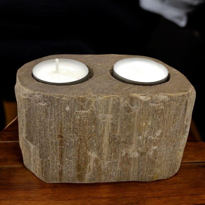 Petrified Wood Candle Holder - Double Petrified Wood Candle Holder - Bath Indulgence