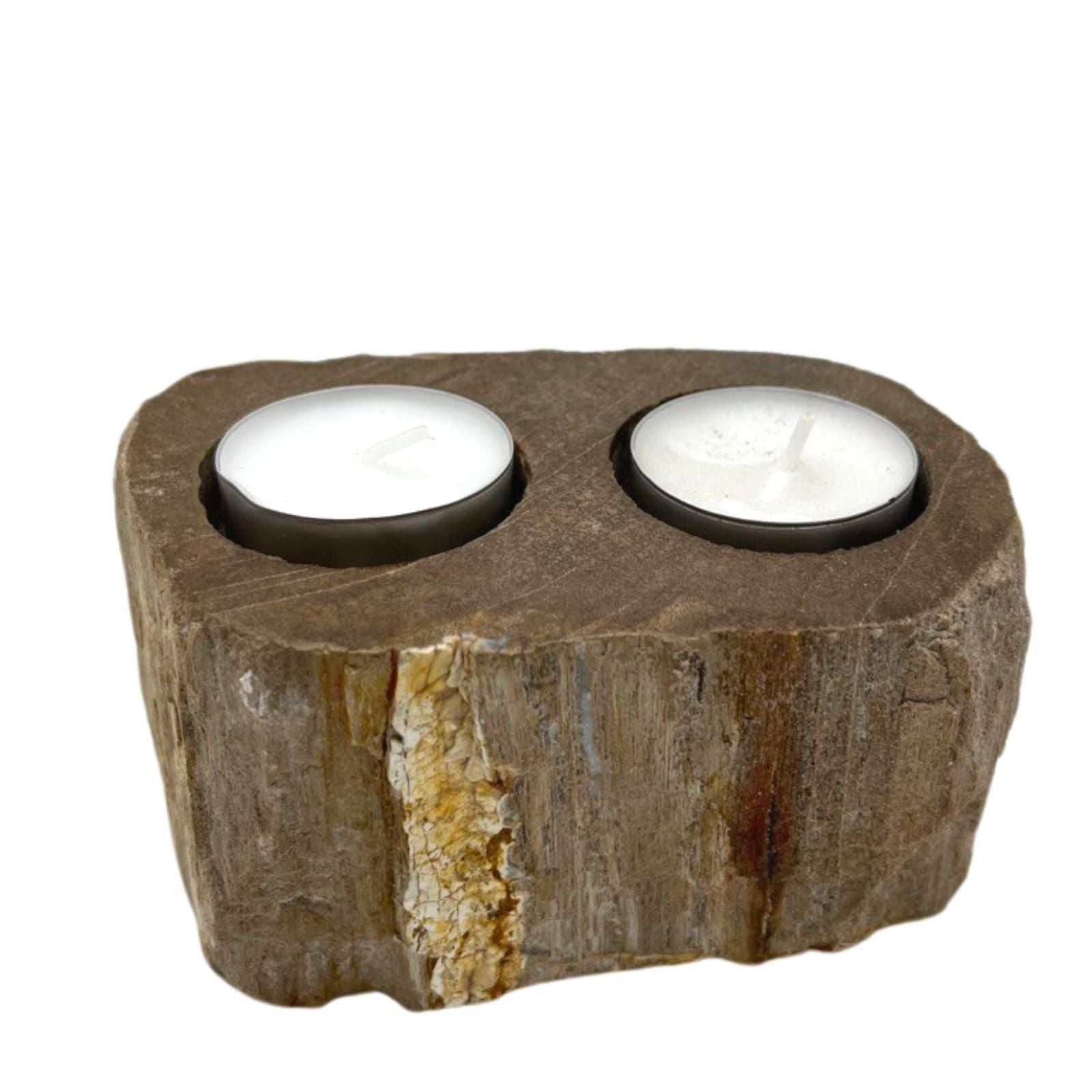 Petrified Wood Candle Holder - Double Petrified Wood Candle Holder - Bath Indulgence