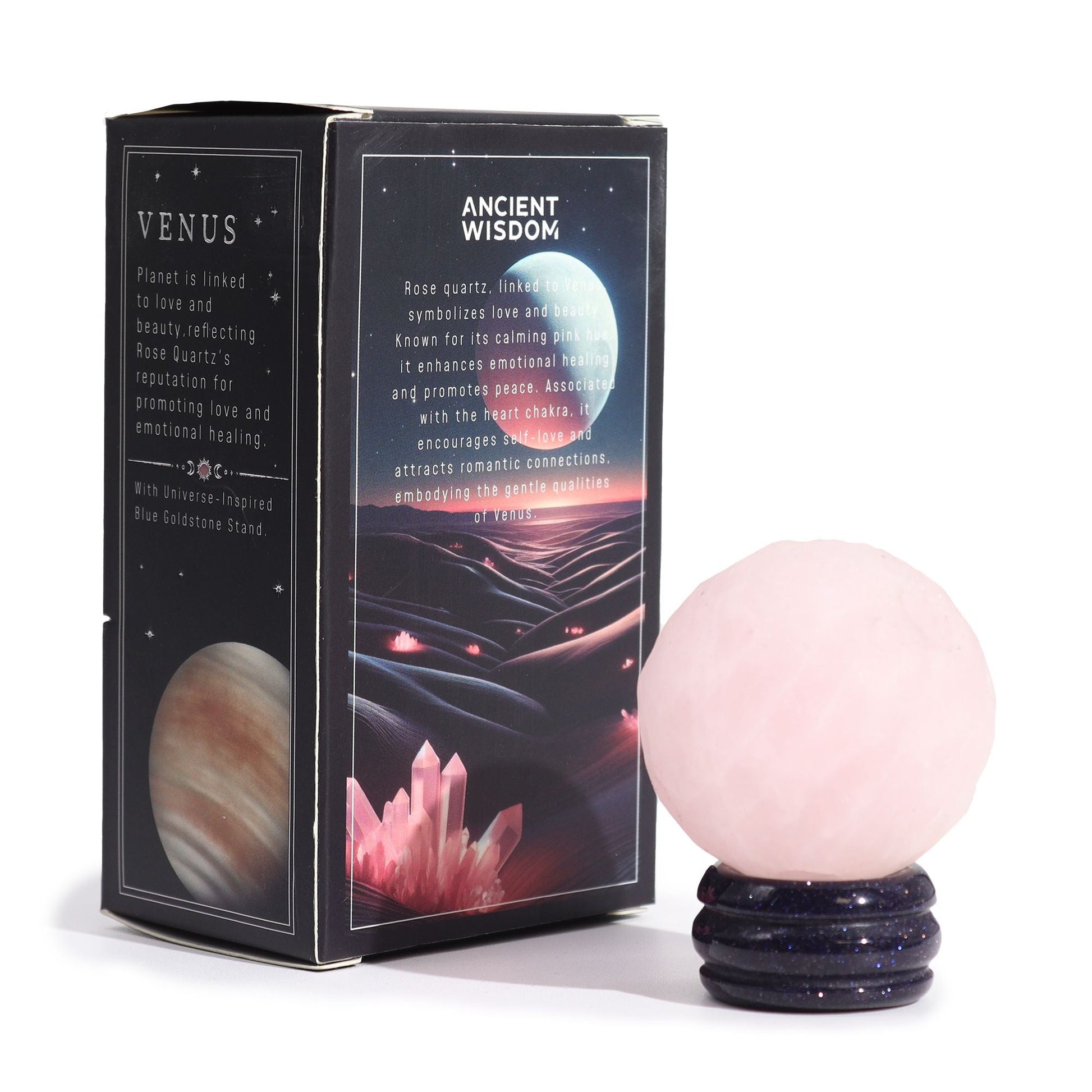 Rose Quartz Planet on a Sola Goldstone Stand (VENUS) Gemstone Planets on a Goldstone Stand - Bath Indulgence