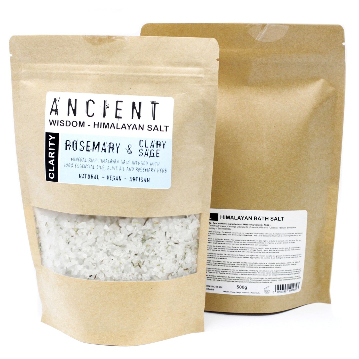 Rosemary & Clary Sage Essential Oils + Olive Oil 500g Handmade Bath Salts - Bath Indulgence