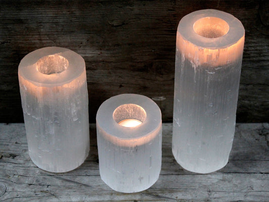 Selenite Cylinder Candle Holder - 15 cm Selenite Candle Holders - Bath Indulgence