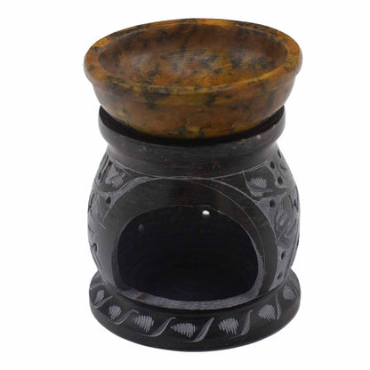 Soapstone Oil Burner 10cm - Mandala Flower - Black & Yellow Soapstone Oil Burners - Bath Indulgence