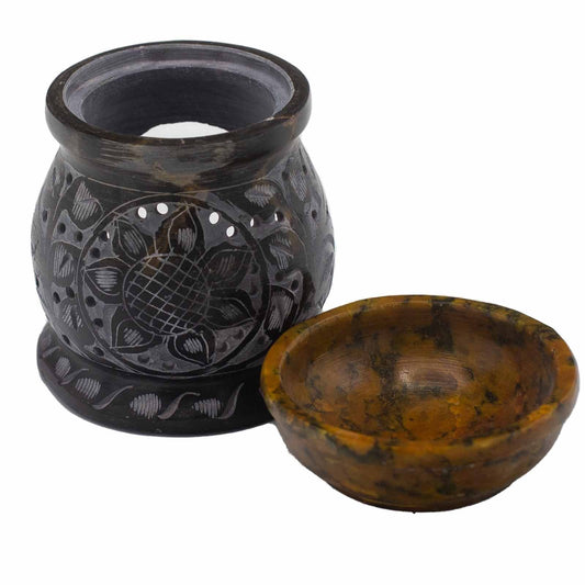 Soapstone Oil Burner 10cm - Mandala Flower - Black & Yellow Soapstone Oil Burners - Bath Indulgence