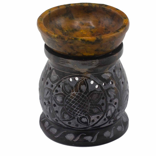 Soapstone Oil Burner 10cm - Mandala Flower - Black & Yellow Soapstone Oil Burners - Bath Indulgence
