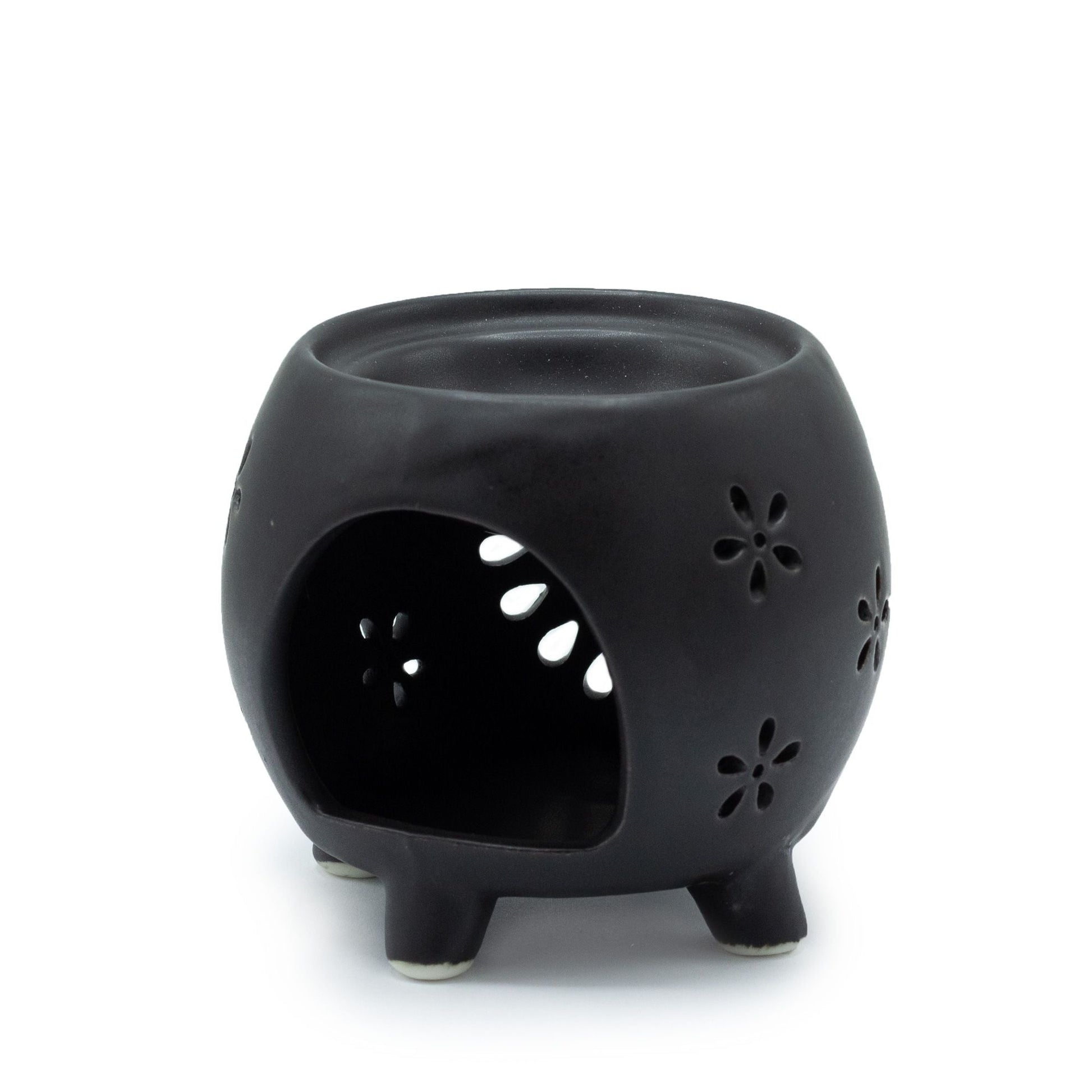 Squat Pot Oil Burner Flower Burst - Matt Black Various Shaped Ceramic Oil Burners - Bath Indulgence