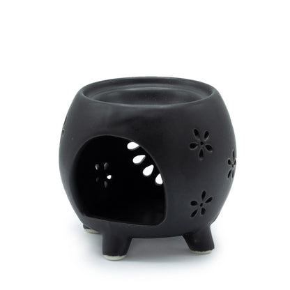 Squat Pot Oil Burner Flower Burst - Matt Black Various Shaped Ceramic Oil Burners - Bath Indulgence