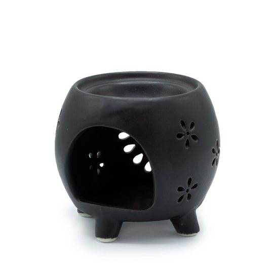 Squat Pot Oil Burner Flower Burst - Matt Black Various Shaped Ceramic Oil Burners - Bath Indulgence