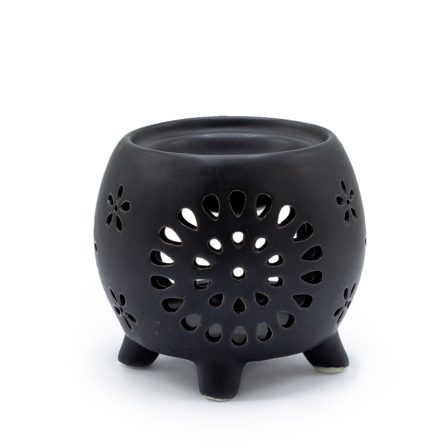 Squat Pot Oil Burner Flower Burst - Matt Black Various Shaped Ceramic Oil Burners - Bath Indulgence