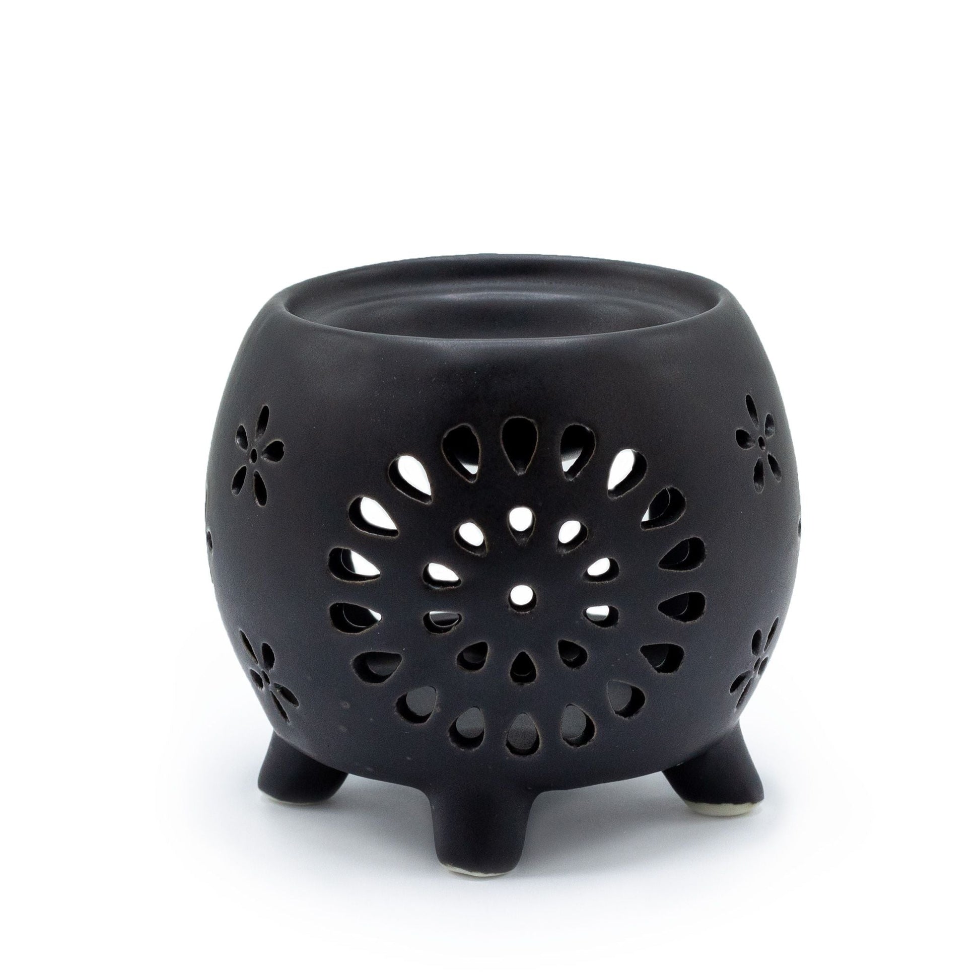 Squat Pot Oil Burner Flower Burst - Matt Black Various Shaped Ceramic Oil Burners - Bath Indulgence