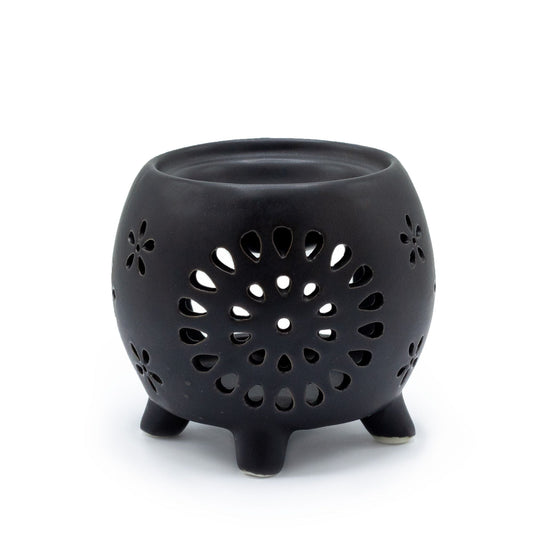 Squat Pot Oil Burner Flower Burst - Matt Black Various Shaped Ceramic Oil Burners - Bath Indulgence