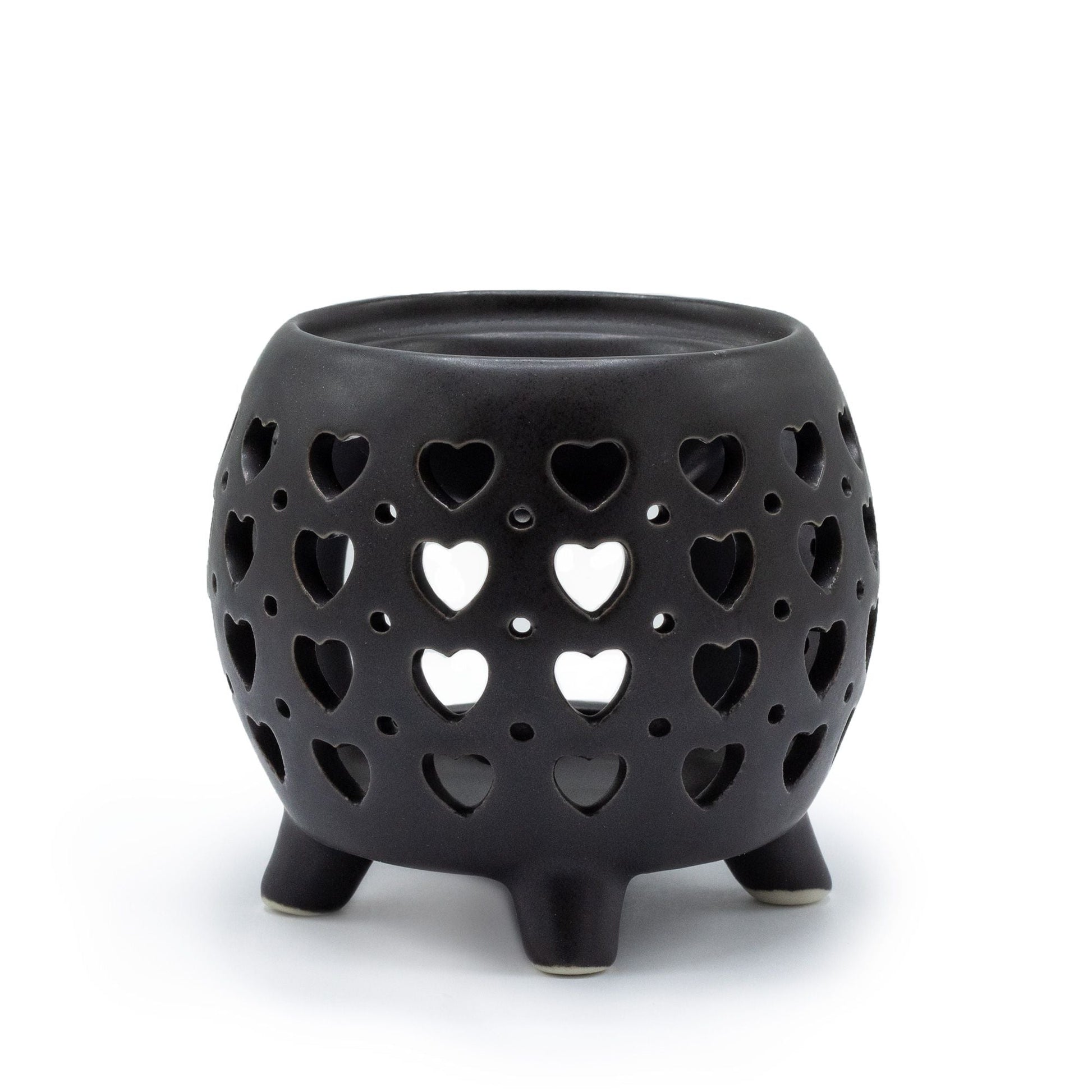 Squat Pot Oil Burner Multi Hearts - Matt Black Various Shaped Ceramic Oil Burners - Bath Indulgence