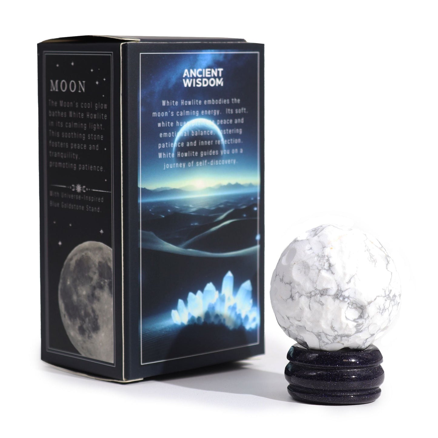 White Howlite Planet on a Sola Goldstone Stand (MOON) Gemstone Planets on a Goldstone Stand - Bath Indulgence