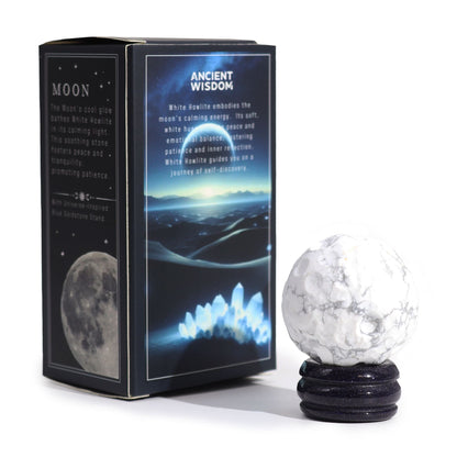 White Howlite Planet on a Sola Goldstone Stand (MOON) Gemstone Planets on a Goldstone Stand - Bath Indulgence