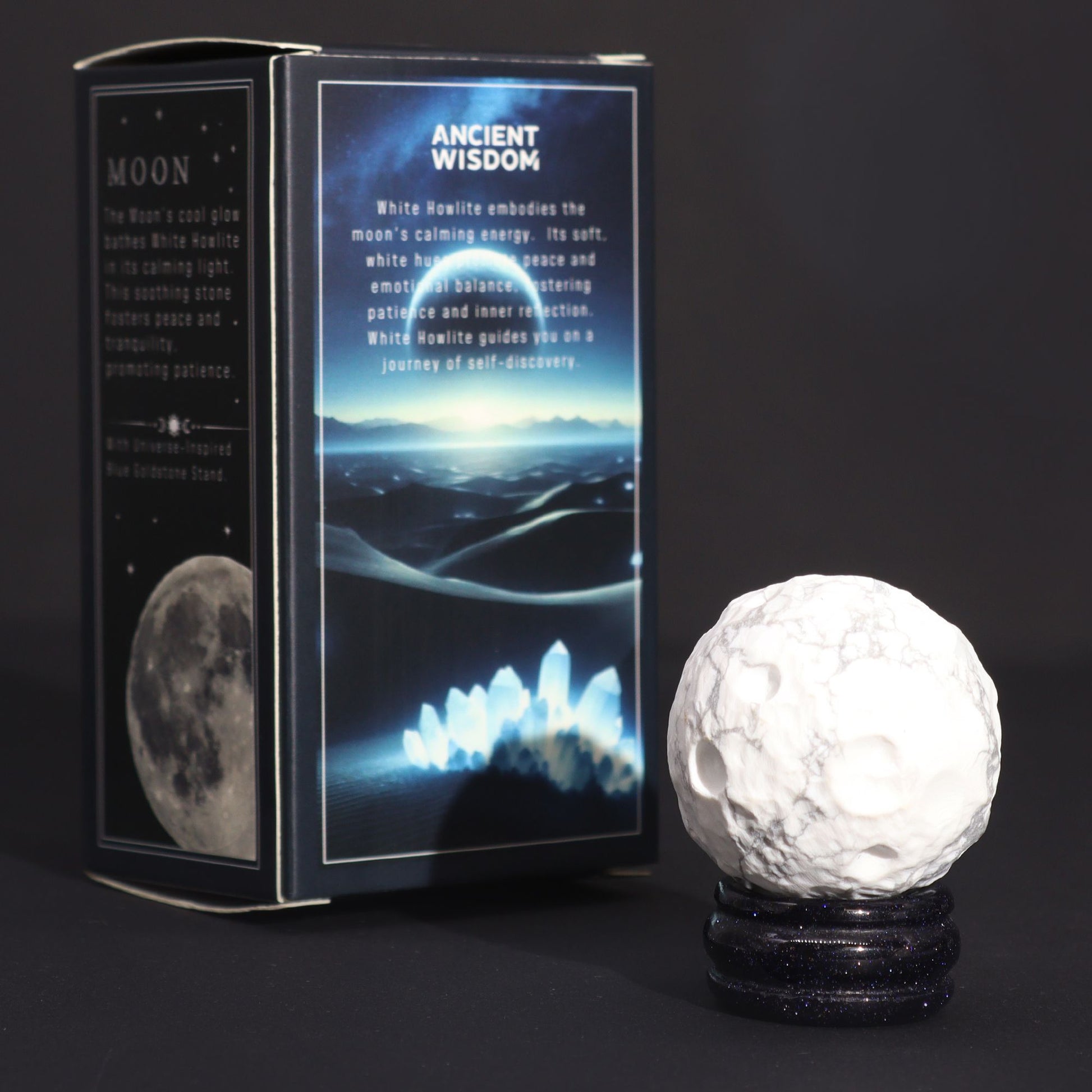 White Howlite Planet on a Sola Goldstone Stand (MOON) Gemstone Planets on a Goldstone Stand - Bath Indulgence