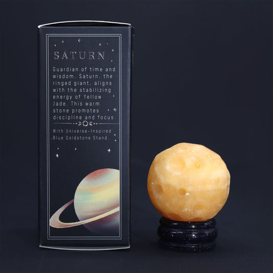 Yellow Jade Planet on a Sola Goldstone Stand (SATURN) Gemstone Planets on a Goldstone Stand - Bath Indulgence