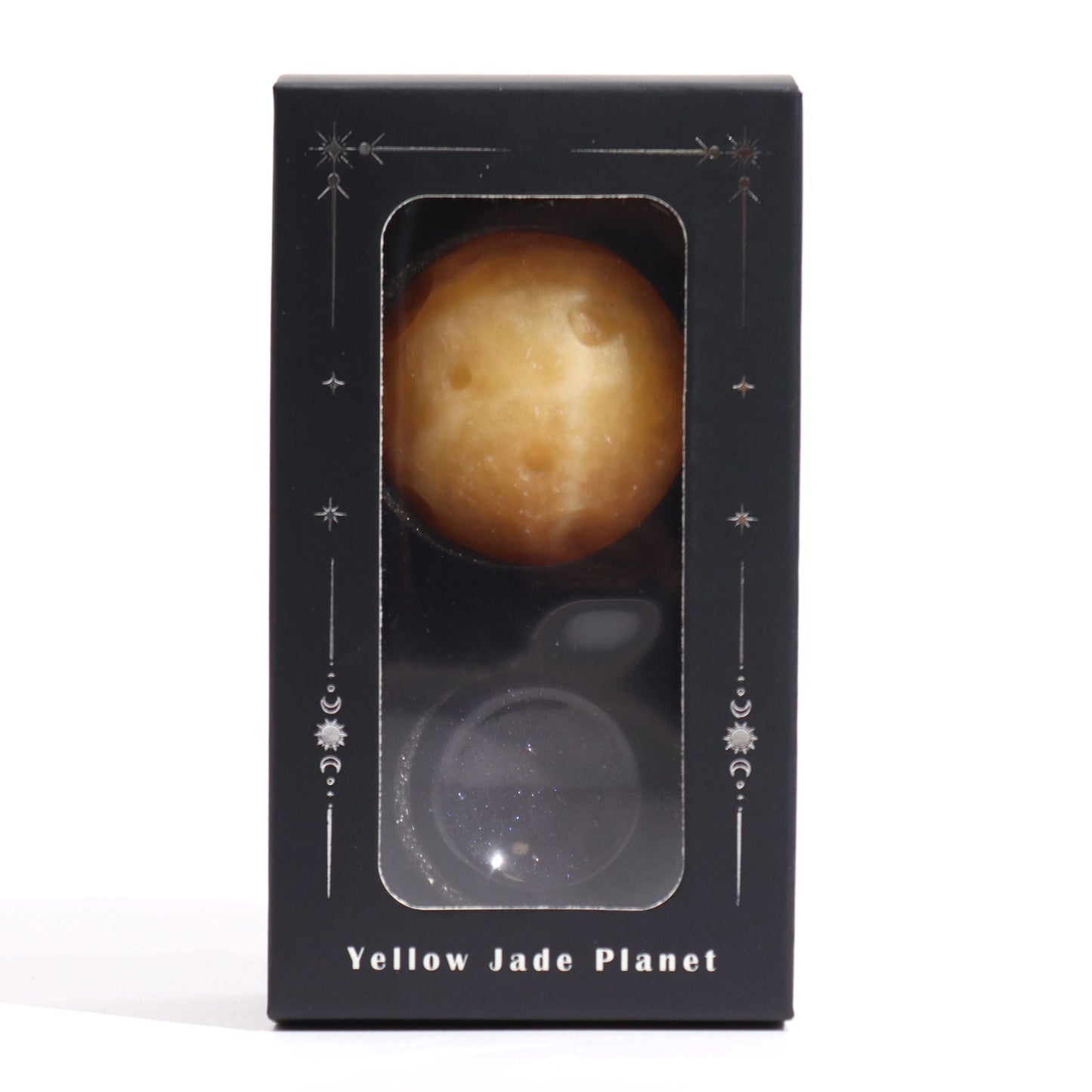 Yellow Jade Planet on a Sola Goldstone Stand (SATURN) Gemstone Planets on a Goldstone Stand - Bath Indulgence
