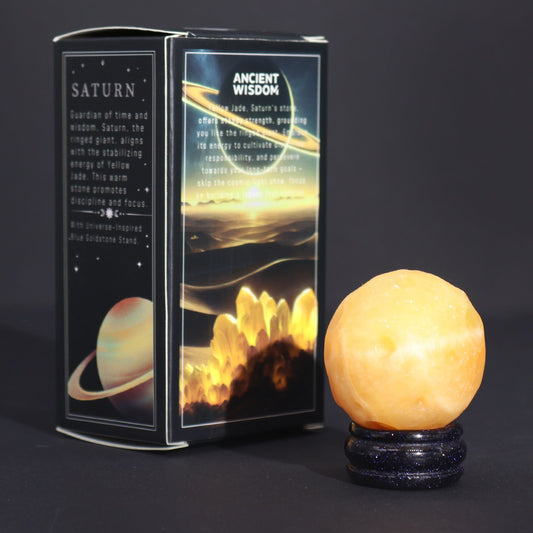 Yellow Jade Planet on a Sola Goldstone Stand (SATURN) Gemstone Planets on a Goldstone Stand - Bath Indulgence