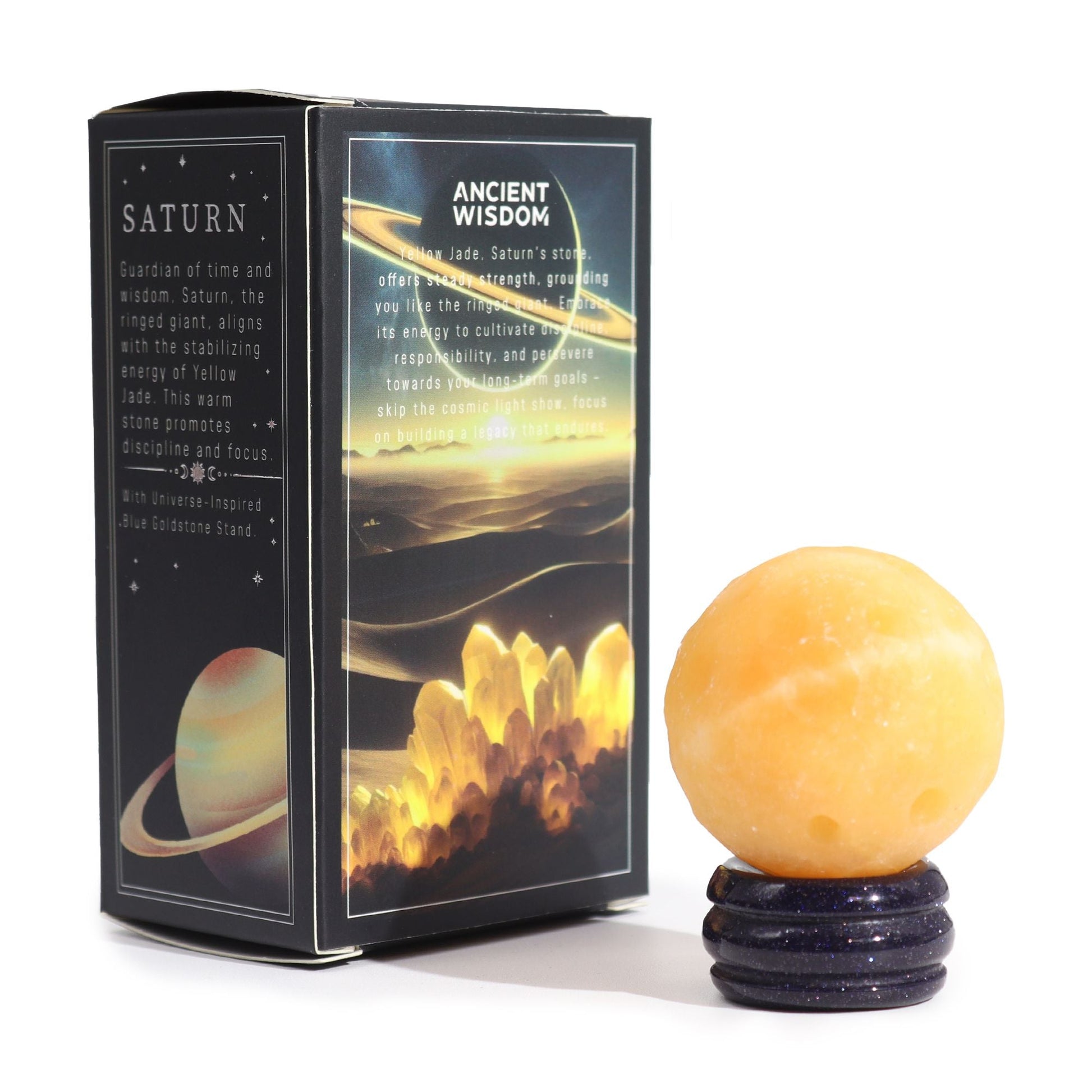 Yellow Jade Planet on a Sola Goldstone Stand (SATURN) Gemstone Planets on a Goldstone Stand - Bath Indulgence