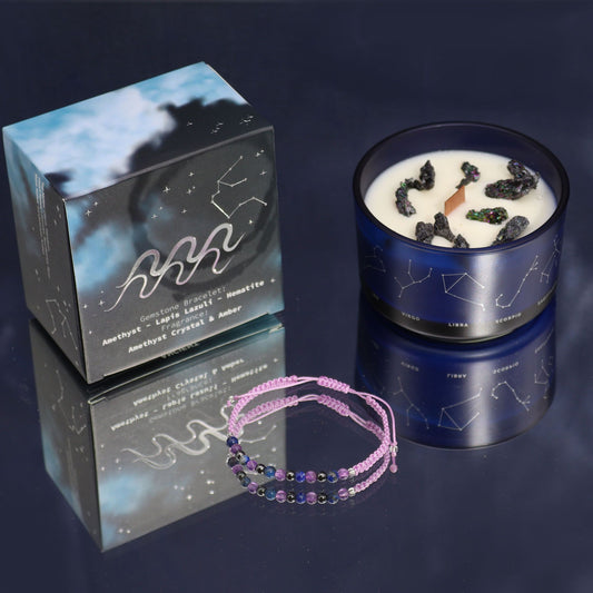 Zodiac Crystal Candle with Gemstone Bracelet - Aquarious Zodiac Crystal Candles with Gemstone Bracelet - Bath Indulgence