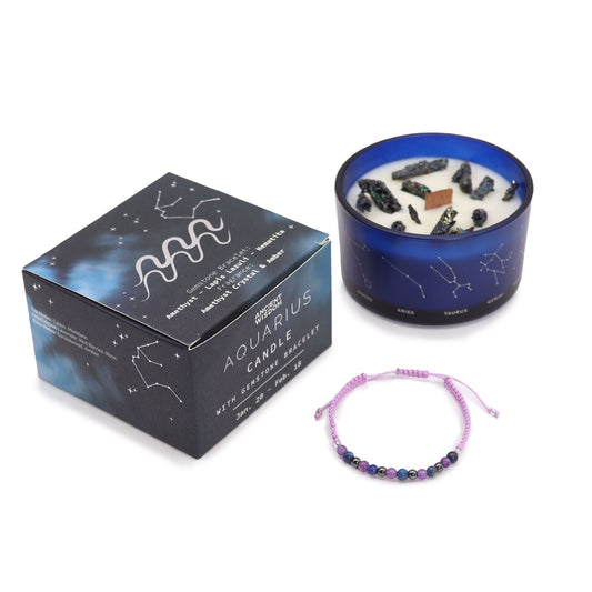 Zodiac Crystal Candle with Gemstone Bracelet - Aquarious Zodiac Crystal Candles with Gemstone Bracelet - Bath Indulgence